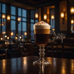 A high-end restaurant setting featuring an Irish coffee glass on a polished table with ambient candlelight.