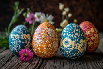 Colorful Floral Decorated Easter Eggs on Wooden Surface