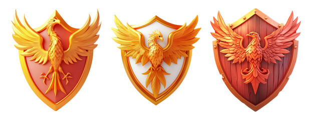 Fototapeta premium Three Elegant Phoenix Shields Isolated on Transparent Background