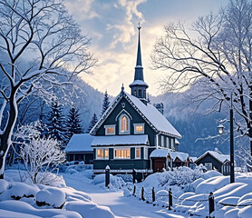 Winter panorama landscape with a snow-covered forest and trees at sunrise. A winter morning marking the beginning of a new day. Winter landscape with sunset, panoramic view.