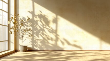 Design an empty room with soft sunlight streaming through a window, casting delicate shadows of autumn leaves on a warm beige wall, creating a cozy and natural backdrop for product displays."