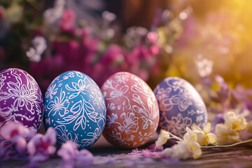 Floral Easter Eggs with Blossoms in Sunlight