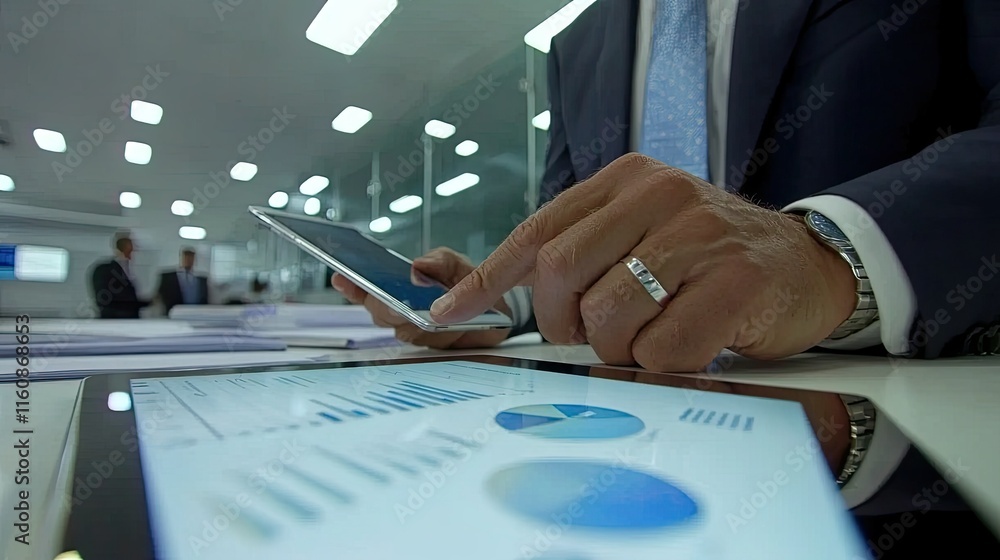 Aufkleber business professional analyzing data on tablet and smartphone in modern office environment with fina