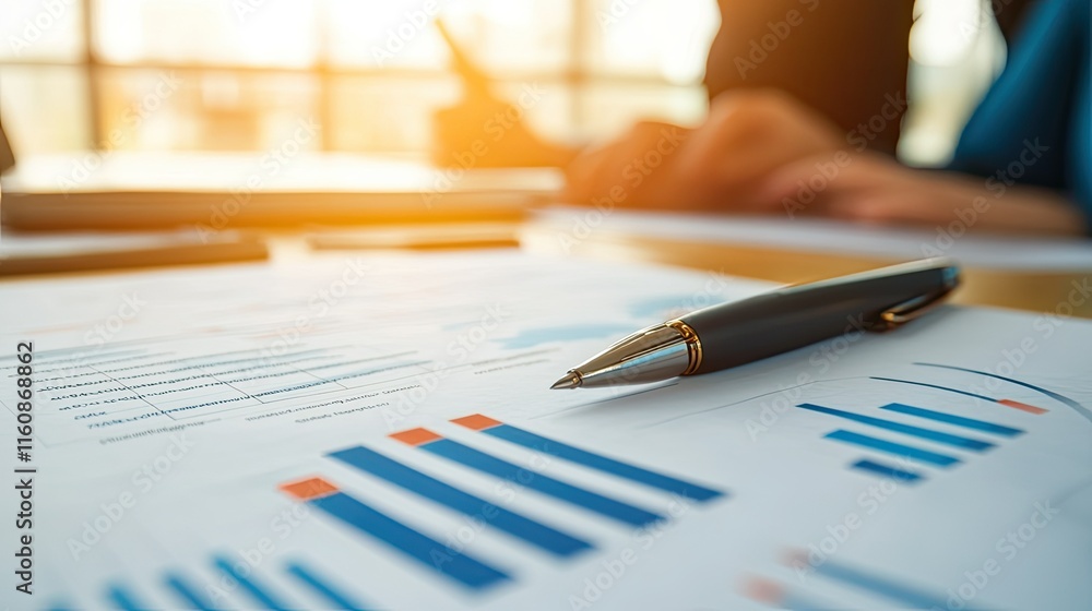 Poster close-up of business documents and analytics with a pen on table, reflecting professional work envir