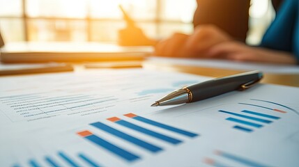 Close-Up of Business Documents and Analytics with a Pen on Table, Reflecting Professional Work Environment and Data-Driven Decisions for Financial Analysis