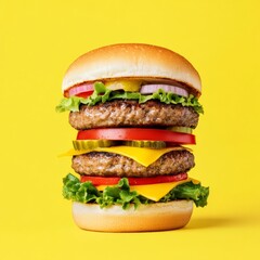 A towering double cheeseburger with crisp lettuce, juicy tomato, and melted cheese layered between golden buns, set against a bright yellow background for a bold fast food presentation