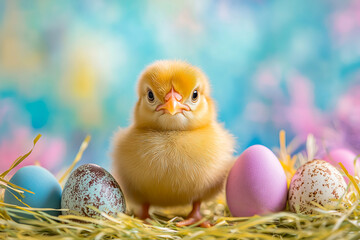 Adorable Fluffy Chick with Colorful Easter Eggs