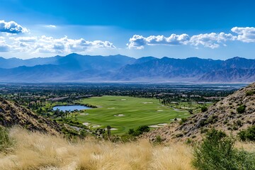 Fototapeta premium Panoramic Golf Course View of Palm Springs Valley Stunning high-angle view of a golf course nestled within the Palm Springs valley, surrounded by mountains and desert landscape.