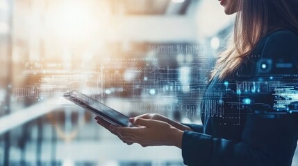 Professional woman using digital tablet in modern office environment with futuristic technology overlay and innovative data graphics enhancing productivity and connectivity