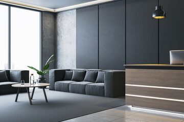 Modern waiting area in office interior with black sofas, wooden reception desk, and large window offering city view. 3D Rendering