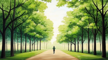 Fototapeta premium A jogger on a forest trail, surrounded by tall trees and dappled sunlight