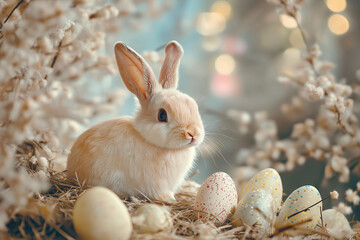 Adorable Bunny with Pastel Easter Eggs in Spring Setting