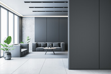 Modern waiting area interior with dark walls, gray furniture, and plants, featuring large windows with a city view. 3D Rendering