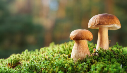 Mushrooms in green moss. Beautiful nature.