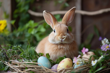 Cute Bunny with Easter Eggs in a Spring Garden Setting