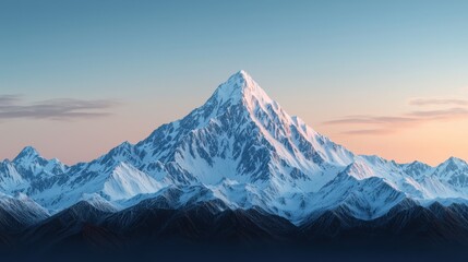 Breathtaking snow-covered mountain peak illuminated by soft hues of sunrise, surrounded by a serene alpine landscape