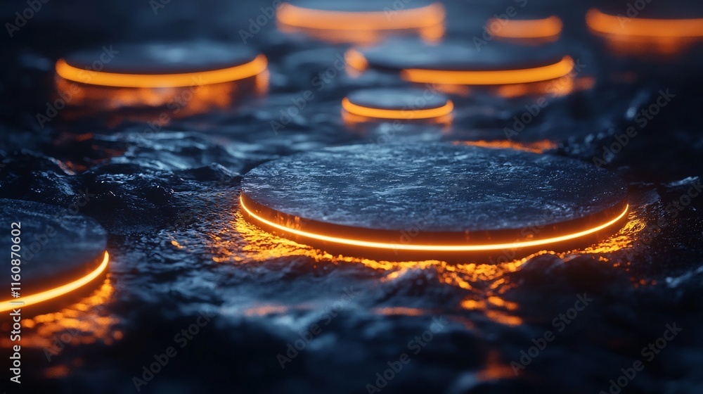 Poster glowing abstract path leading through a mysterious and challenging landscape of obstacles and barrie