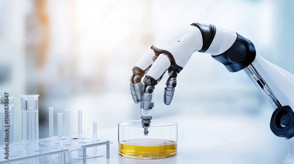 Poster robotic hand manipulating a liquid sample in a laboratory setting.