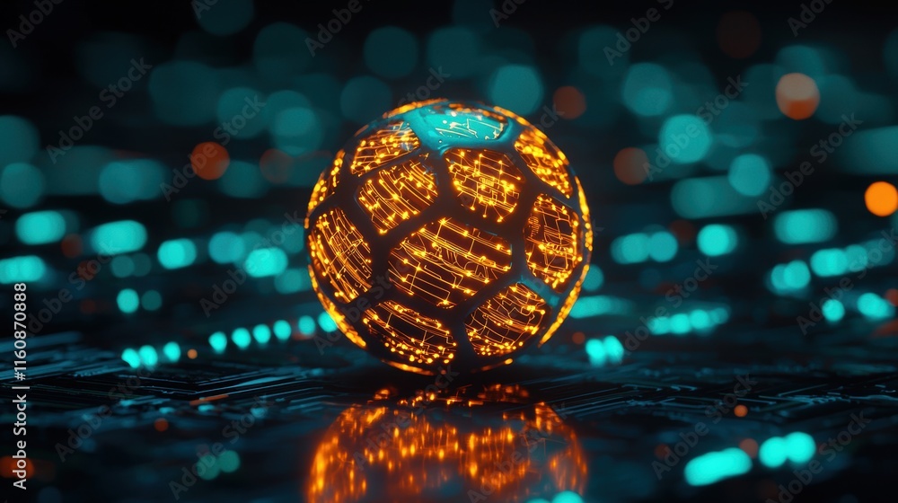 Poster glowing orange sphere with circuit patterns on a dark background
