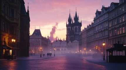 Fototapeta premium Misty sunrise over Old Town Square, Prague.