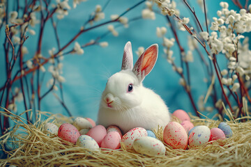 Cute Bunny Among Easter Eggs in a Spring Nest
