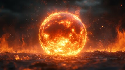 Obraz premium Fiery sphere engulfed in flames on dark background.