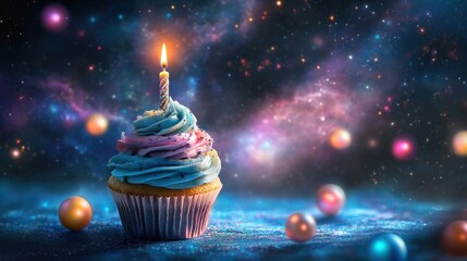 Single birthday cupcake with candle, cosmic background.