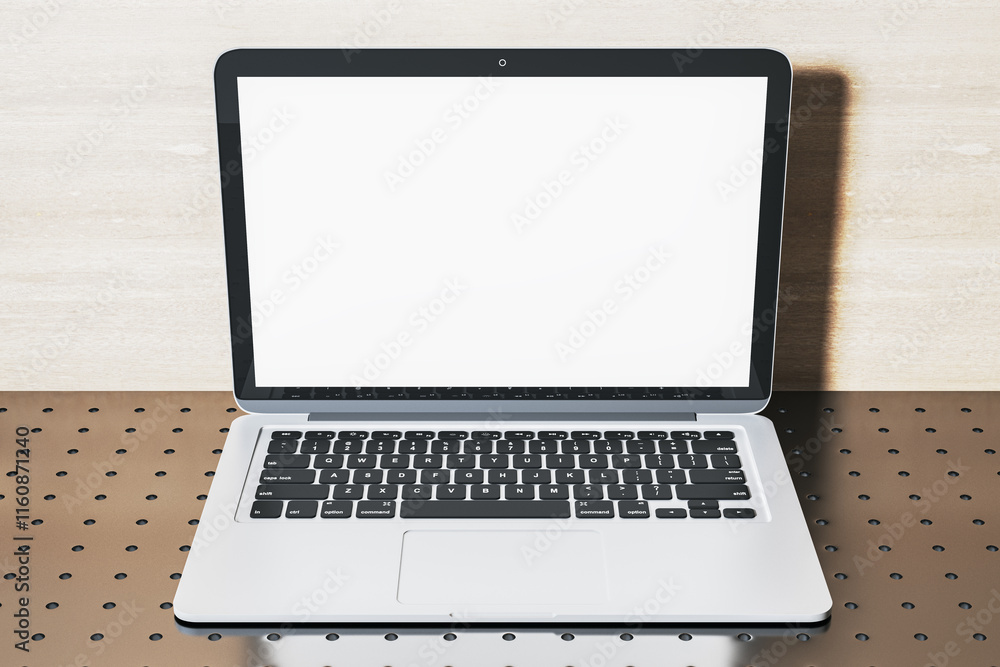 Poster Open laptop with blank screen on perforated metallic surface, wooden background, clean design for web or application mockup display. 3D Rendering