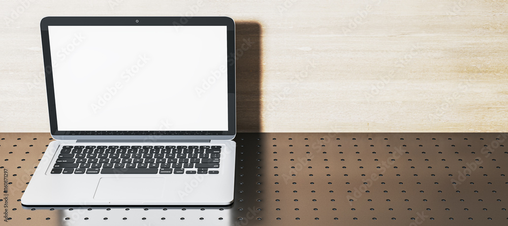 Aufkleber modern laptop with blank screen on a perforated metallic surface and wooden background. 3d rendering