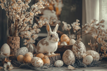 Adorable Bunny Among Decorative Easter Eggs and Blossoms