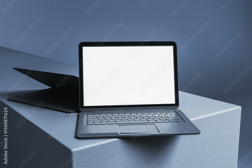 Fototapete Modern open laptop with blank screen displayed on a textured surface in minimalist lighting. 3D Rendering