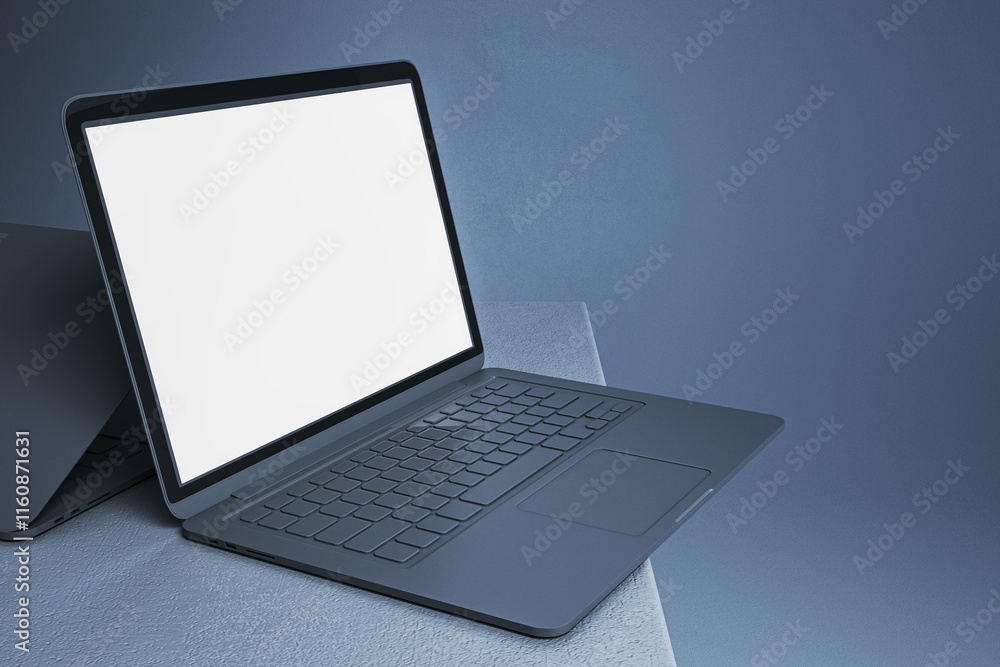 Poster Open laptop with blank screen on modern desk, closeup view. 3D Rendering