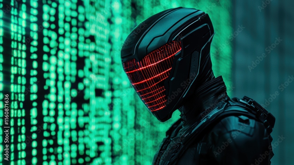 Poster futuristic robot character with neon lighting in cyberpunk setting