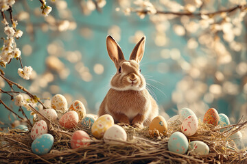 Adorable Bunny with Easter Eggs and Blossoms in Spring