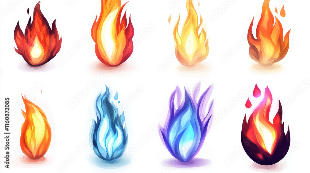 Poster set of fire flames isolated on white background as warning symbols. jpeg version also available in g