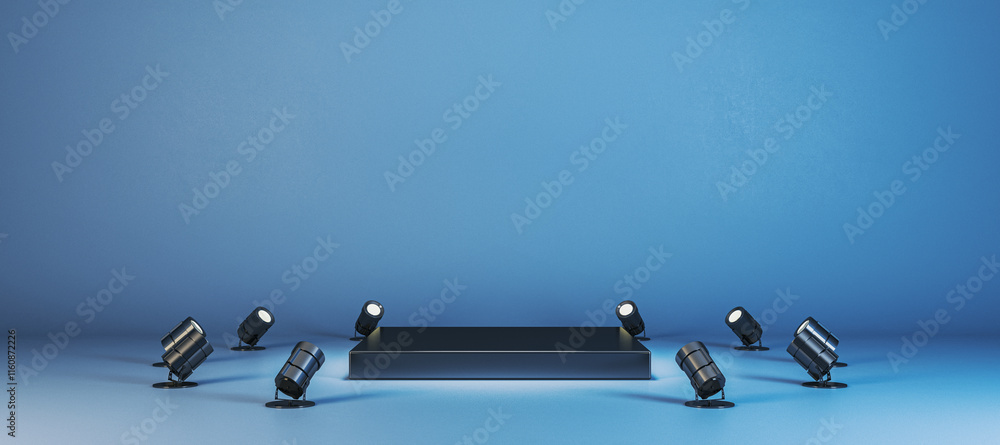 Poster Minimalistic stage setup with black podium and spotlights on blue gradient background. 3D Rendering