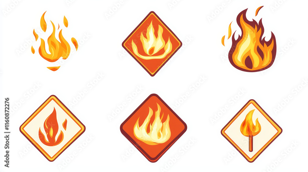 Poster set of fire flames isolated on white background as warning symbols. jpeg version also available in g