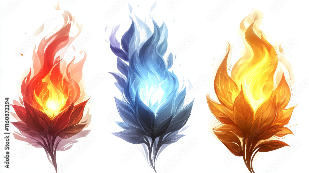 Poster set of fire flames isolated on white background as warning symbols. jpeg version also available in g