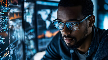 man in glasses focused on data analysis in modern workspace, surrounded by multiple screens displaying graphs and maps, showcasing high tech environment
