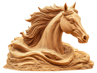 Sand Sculpture of Horse with Flowing Mane Isolated on Background