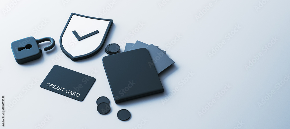 Aufkleber secure payment concept with shield, lock, card, and coins on a light background. digital banking and