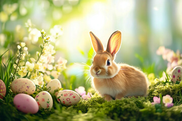 Cute Bunny and Easter Eggs in Springtime Forest