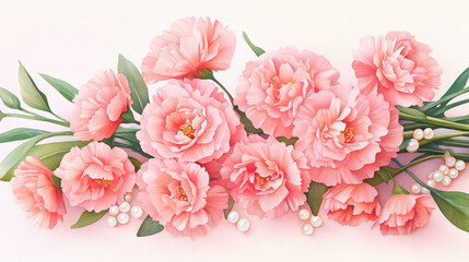 Fototapeta premium Charming bouquet of blush pink carnations adorned with delicate pearls, evoking elegance and beauty
