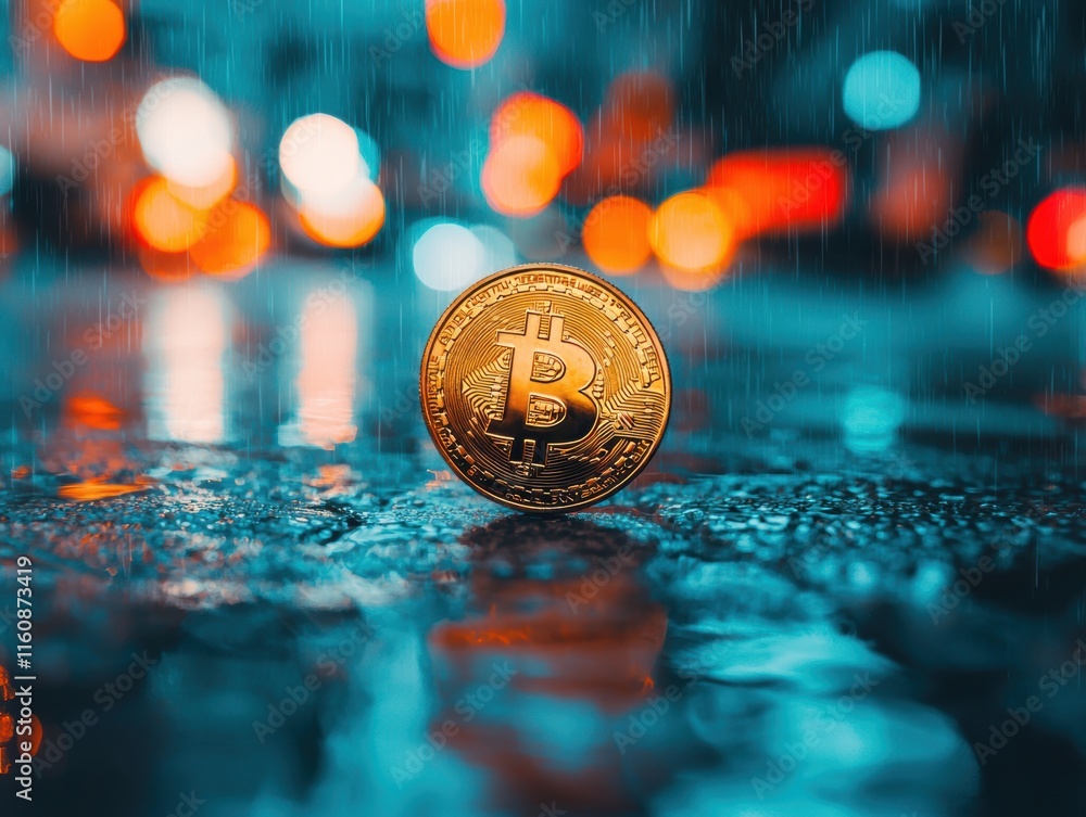 Aufkleber glimmering bitcoin coin on wet surface with colorful bokeh lights