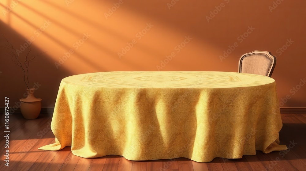 Poster a beautifully set table with a yellow tablecloth, softly illuminated by sunlight streaming through a