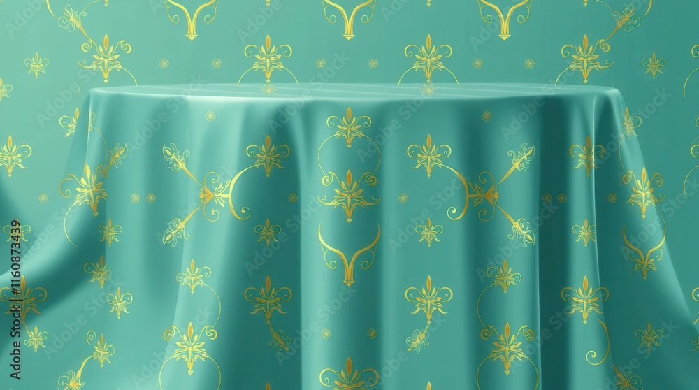 Poster a vibrant teal tablecloth with intricate yellow floral patterns drapes over a table, complementing a