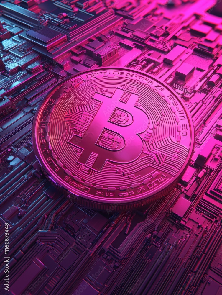 Poster Digital Bitcoin Cryptocurrency Concept with Neon Circuit Background