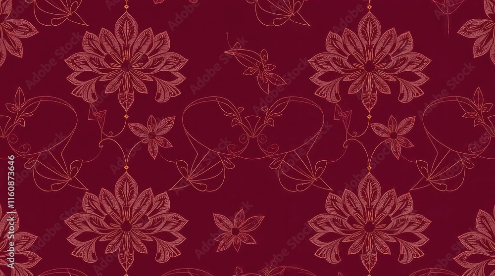 Poster a rich burgundy background adorned with intricate floral patterns, creating an elegant and sophistic