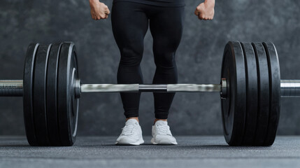 Close-up of a determined athlete preparing to lift heavy weights, with focus on the barbell and muscular stance
