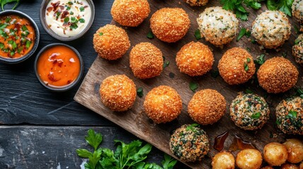 Assorted Breaded Snacks Served on Wooden Board with Dipping Sauces
